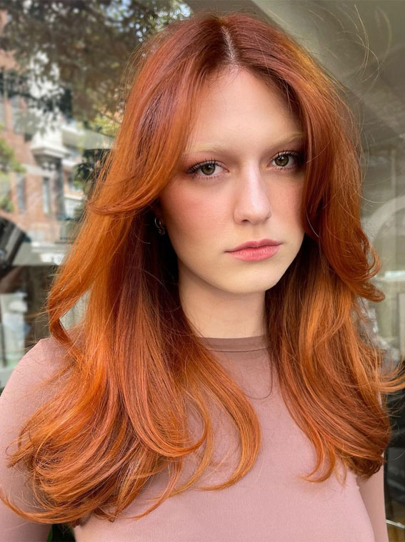 Copper Hair Ideas with Long Curtain Bangs