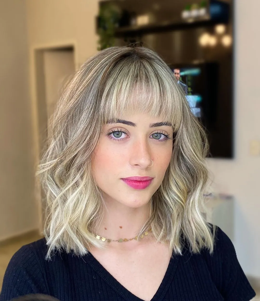 Platinum Blonde Hair Color Styles for Blunt Bangs and Lob Hair Cut