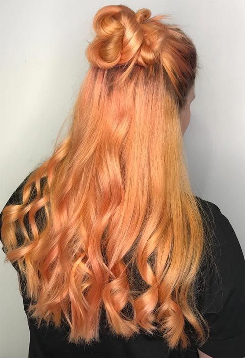 Copper Peach Hair Color Idea with Messy Bun