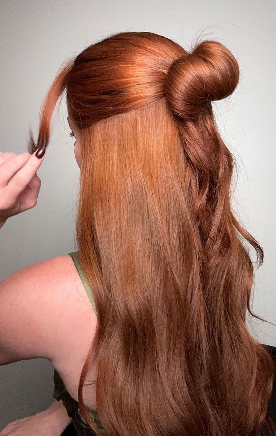 Copper Peach Hair Color Ideas for a Half Up Top Knot