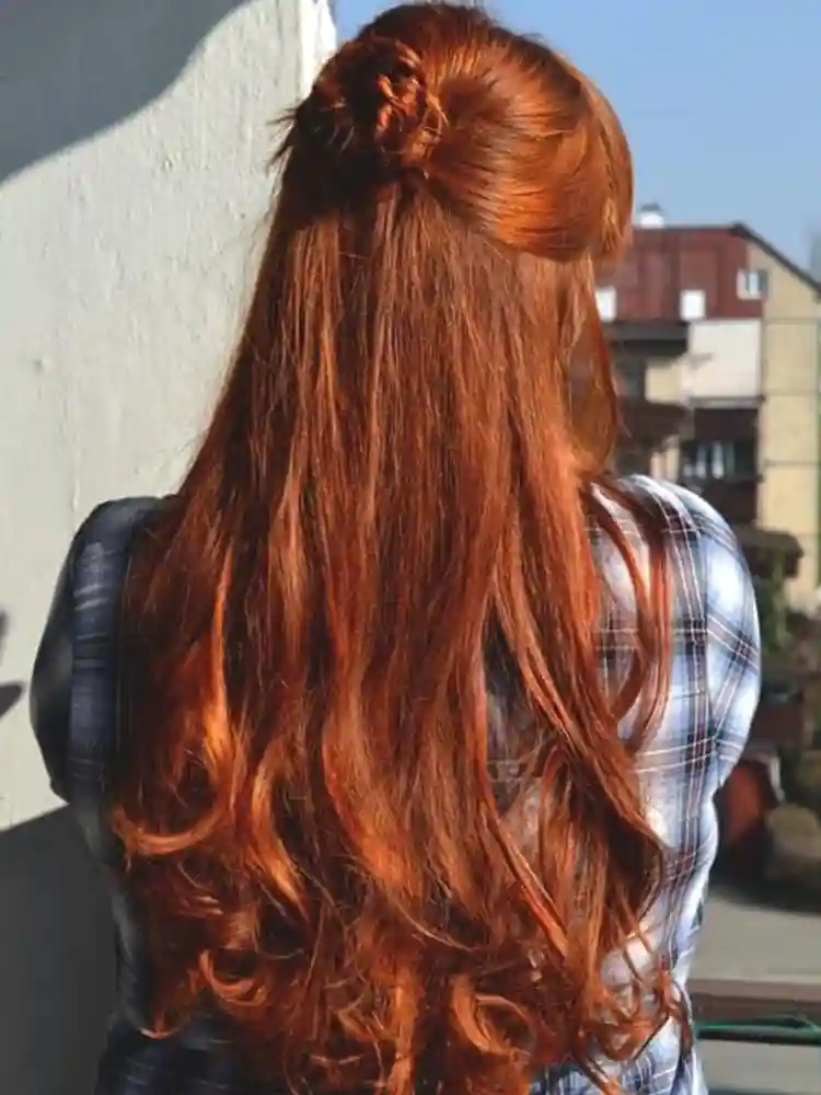 Hair Color Ideas in Copper Peach for a Half Up Top Knot